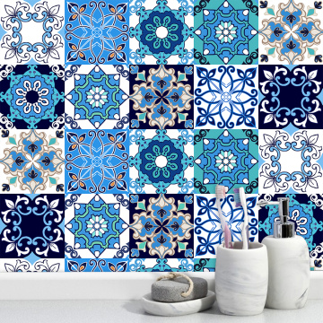 10pcs/set Blue & White Floral Ornament Crystal Hard Tiles Wall Sticker Kitchen Floor Home Decor Wallpaper Waterproof Art Mural