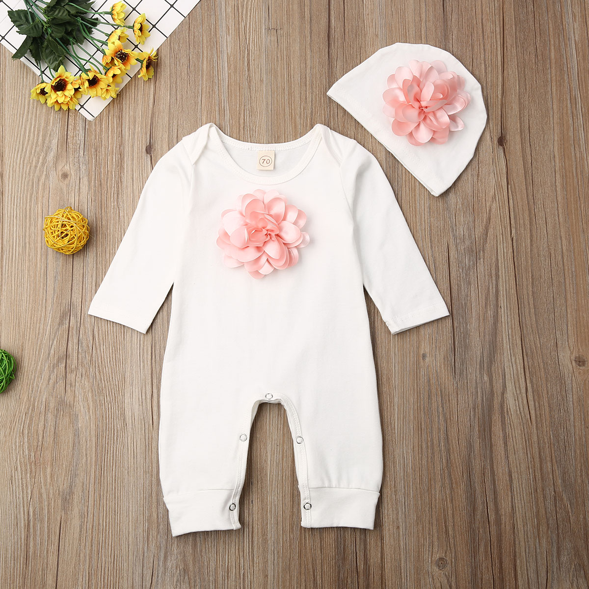 0-18M 2PCS Newborn Baby Girl Clothes 3D Flower Romper Jumpsuit Hat Outfit Set