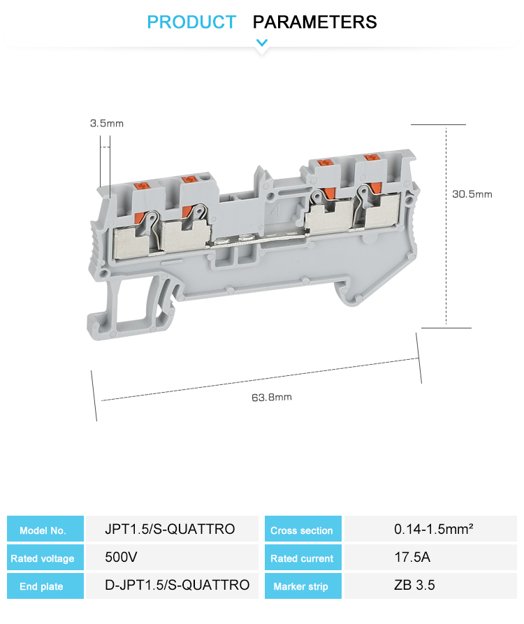 Din Rail Terminal Block PT 1.5-QUATTRO 4 Conductor Push In Spring Screwless Feed Through Wire Conductor 10pcs wire connector