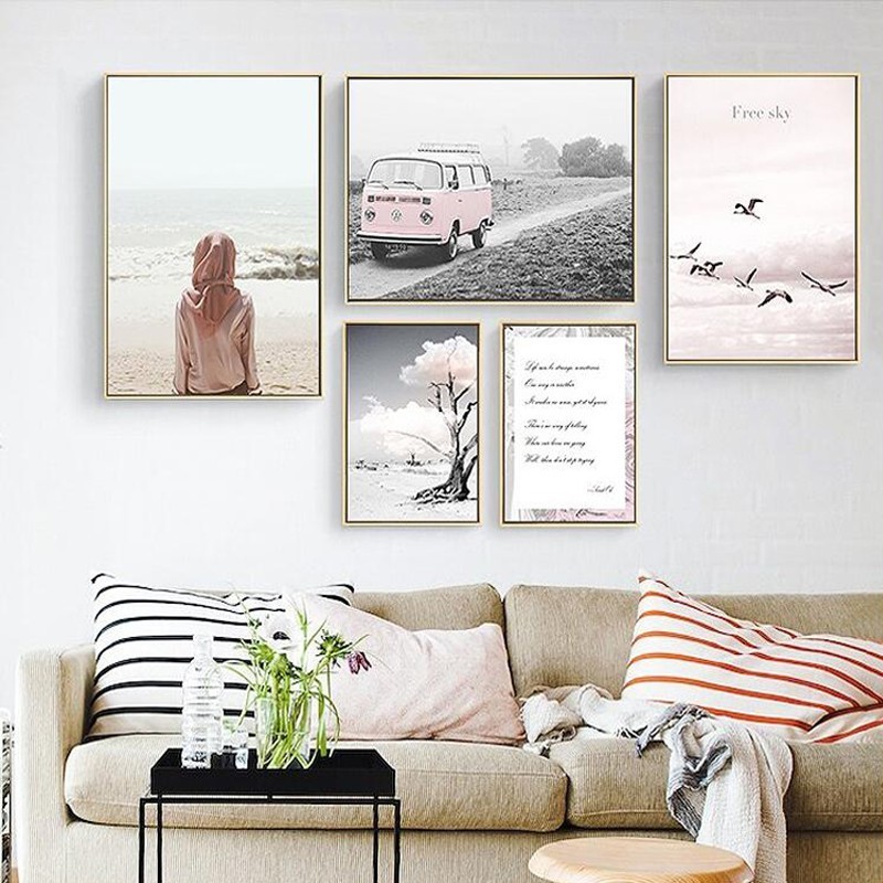 SURE LIFE Pink Seascape Bus Healing Girl Canvas Paintings Free Sky Birds Wall Art Pictures Letters Posters Living Room Decor