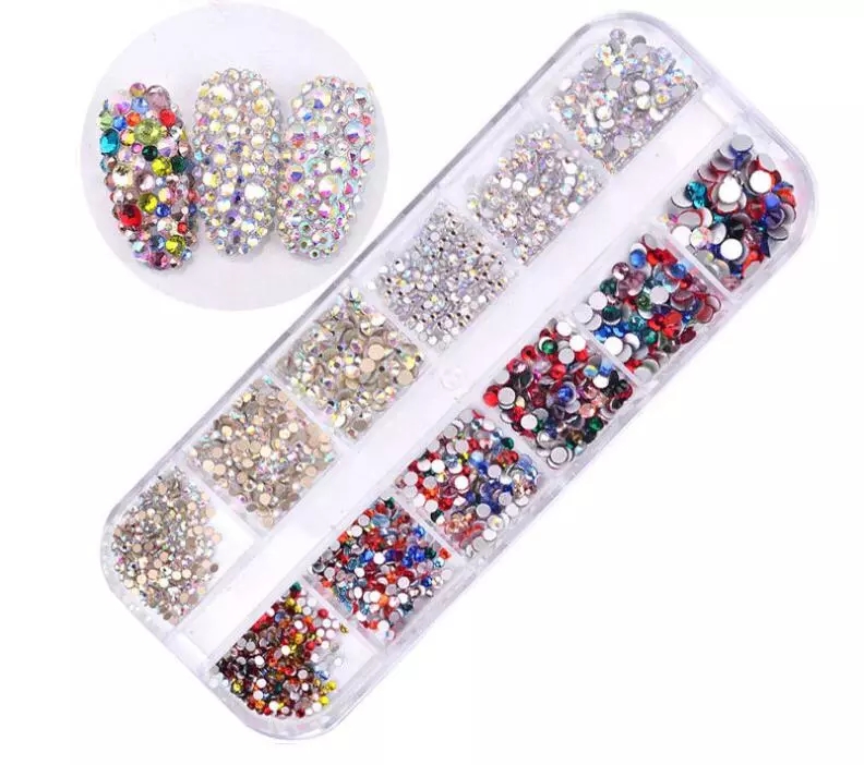 12 Grid 1440pcs Mix Sizes Glass Crystal Non Hot Fix Rhinestone Flatback Crystal 3D glitter Nail Art Rhinestones Decorations