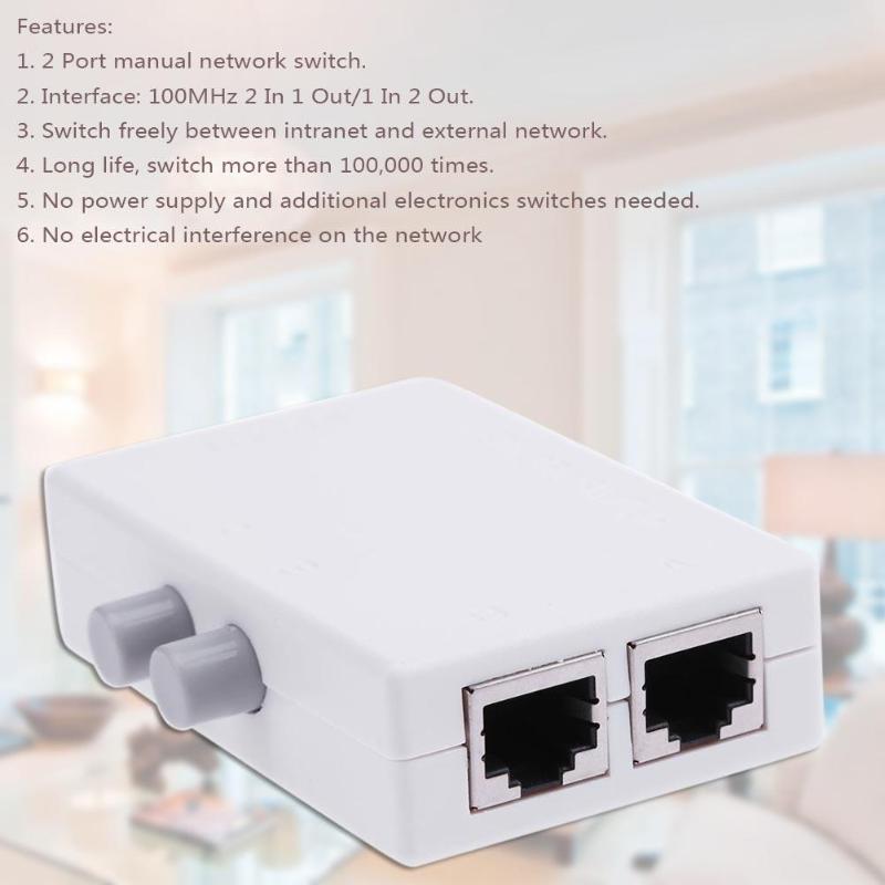 Mini 2 Port 100MHz 2 In 1 Out/1 In 2 Out RJ45 Network Ethernet Network Box Switcher Dual Port Manual Sharing Switch Adapter HUB