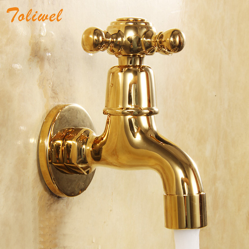 Gold Brass Bathroom Faucet Kitchen Wall Mount Sink Basin Faucets Cold Water Tap Spigot Bibcock Outdoor Garden Hose Faucet