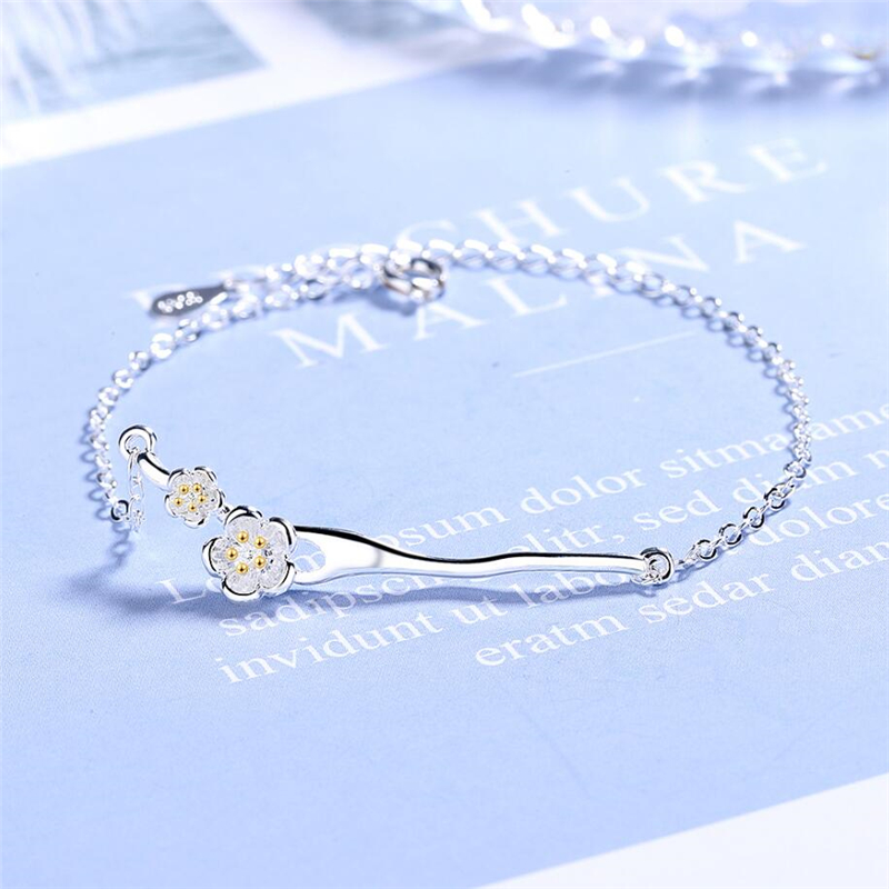 Sole Memory Peach Blossom Branch Literary Fresh 925 Sterling Silver Female Resizable Bracelets SBR195