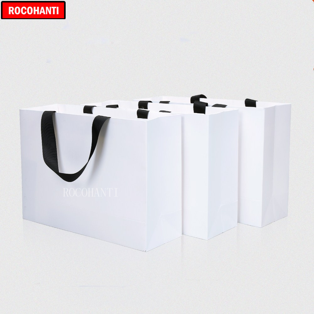 50X Customized White Paper Bag Small Gift Shopping Bags Thick Rope Handle Clothes bag Custom Printed LOGO