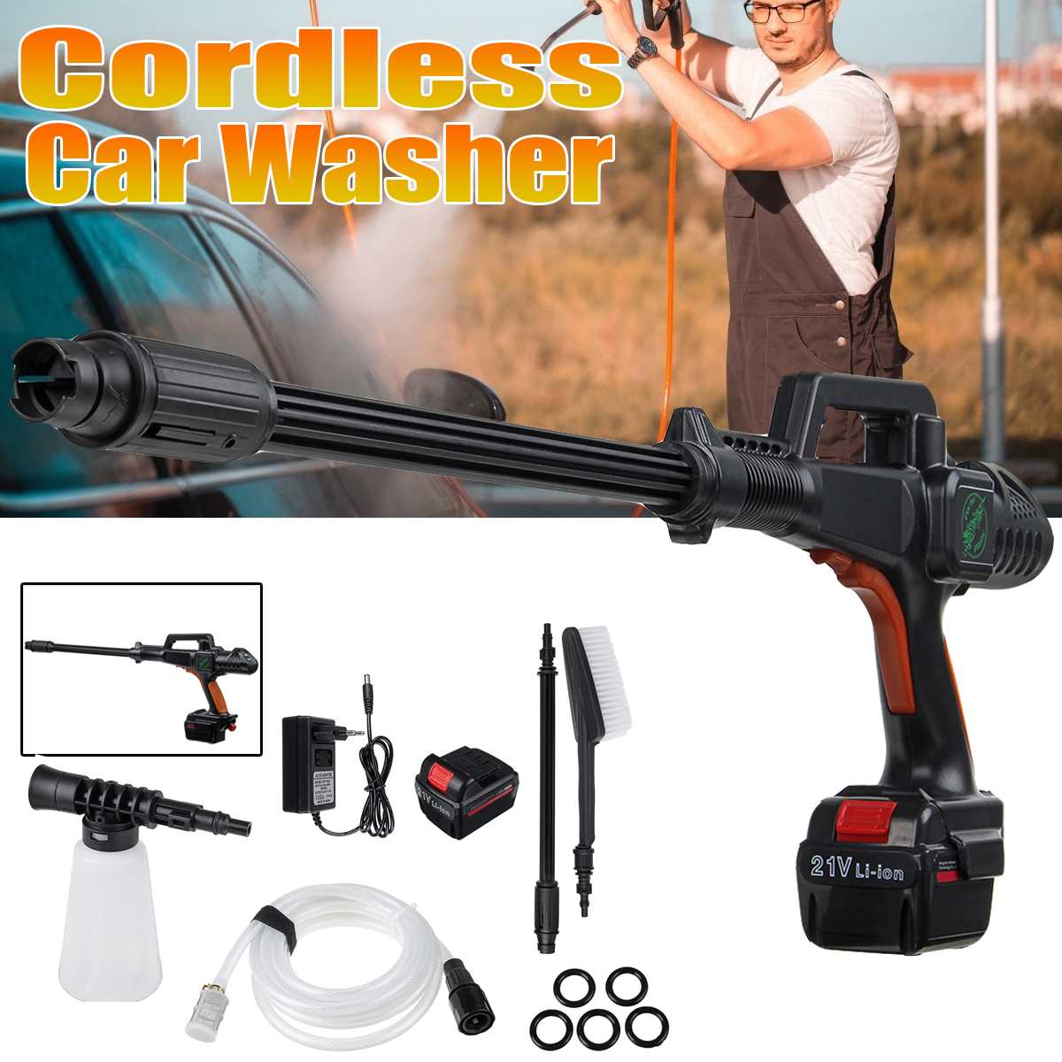 21V Cordless Car Washer Machine Kit Portable High Pressure Lithium Battery Wash Water Gun with Foam Generator Nozzle Water Pump