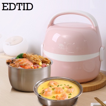 EDTID Mini Electric Rice Cooker Stainless Steel 2 Layers Steamer Portable Meal Thermal Heating Lunch Box Food Container Warmer