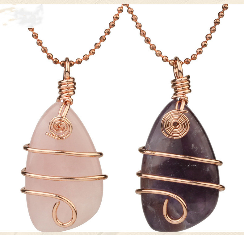 Natural Raw Amethyst Stone Pendant Necklace for Women Wire Wrapped Healing Irregular Chakra Crystals with Two Different Chains