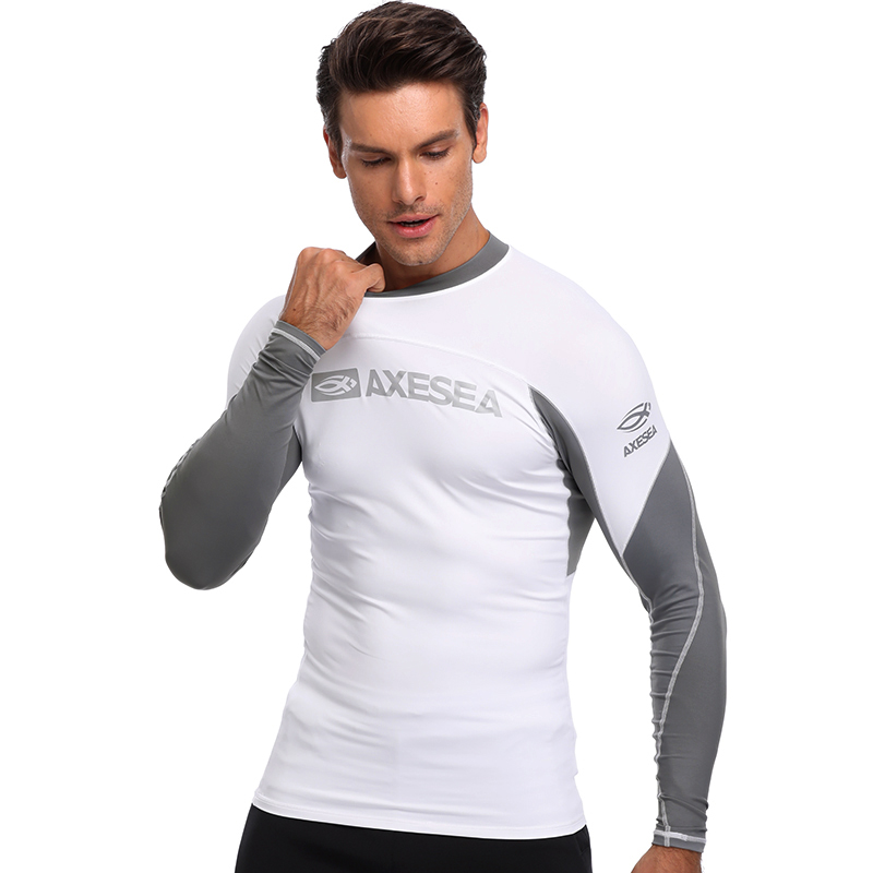 AXESEA Men Rash Guard Patchwork Swimwear Long Sleeve Rashguard Sun Protection Swimsuit Surfing Shirt Top UPF50+ Sport Beachwear