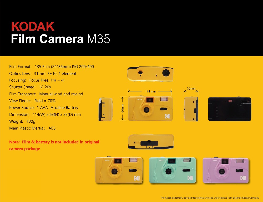 KODAK Vintage Retro M35 35mm Reusable Film Camera Yellow / Mint Green / Blue /Pink/ Red With Kodak Fuji Film ( 1 Roll - 2Roll )