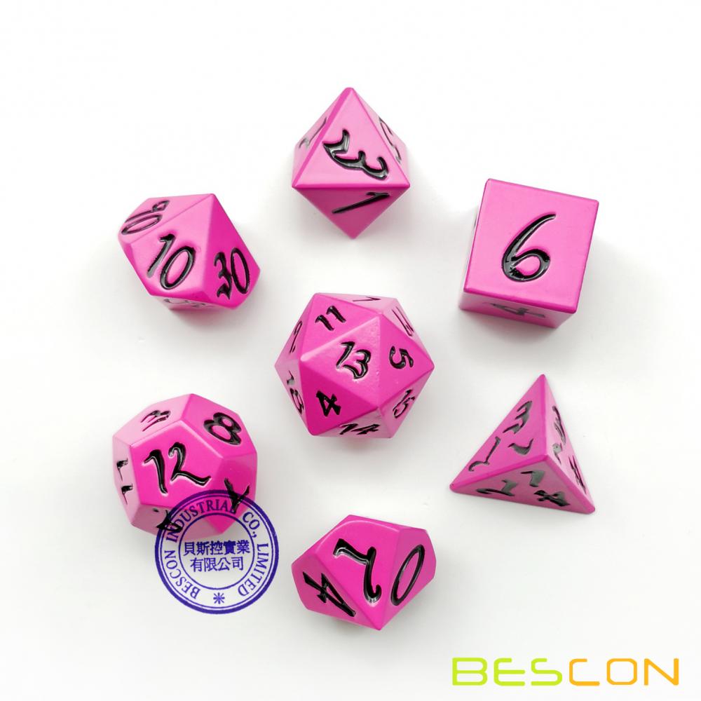 Bescon Fresh New Solid Metal Dice Set Deep Pink,Metal RPG Miniature Polyhedral dice set of 7 for role Playing Games