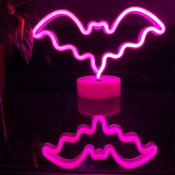 Pink Neon Lamp LED Cute Neon Signs Bat Shape USB/Battery Powered Neon Night Light with Base Stand Cute Table Light for Children