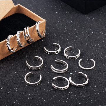 12PCs/set Women Lady Unique Adjustable Opening Finger Ring Retro Carved Toe Ring Foot Beach Foot Jewelry