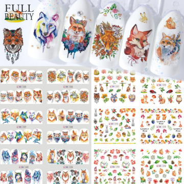 12pcs Water Decals Nail Tattoo Fox Lovely Animal Cartoon Full Sticker Wraps Nails Owl Scarecrow Manicure Design CHBN1285-1296