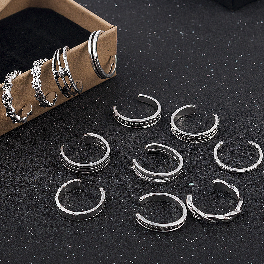 12PCS Vintage Retro Antique Beach Punk Elephant Moon Arrow Ring Set Ethnic Carved Adjustable Open Toe Ring Finger Foot