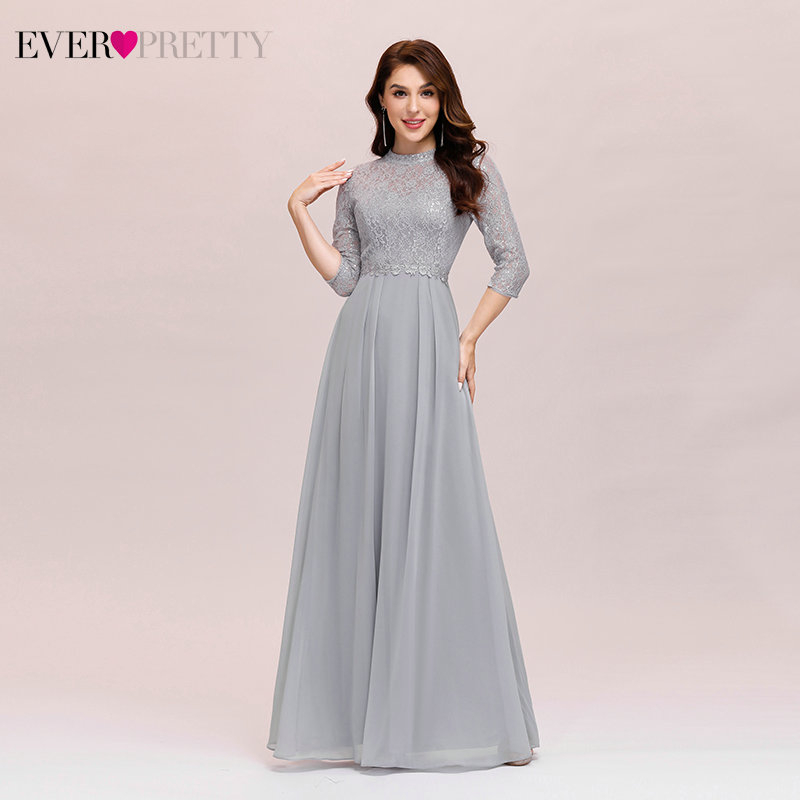 Elegant Gray Bridesmaid Dresses Ever Pretty A-Line High Neckline 3/4 Sleeve Sequined Pleated Lace Wedding Party Gowns Vestidos