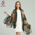 [BYSIFA] Brand Blue Green Silk Scarf Shawl Female Accessories Spring Autumn Floral Pattern 100% Silk Women Long Scarves Wraps