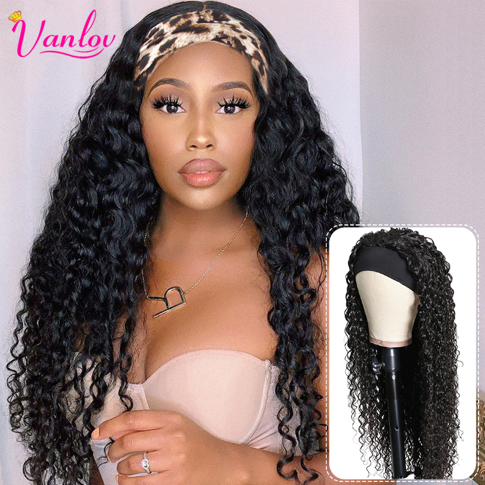 Vanlov Brazilian Water Wave Headband Wig Human Hair Glueless Full Machine Made Wigs Remy Human Hair Scarf Wig For Black Women