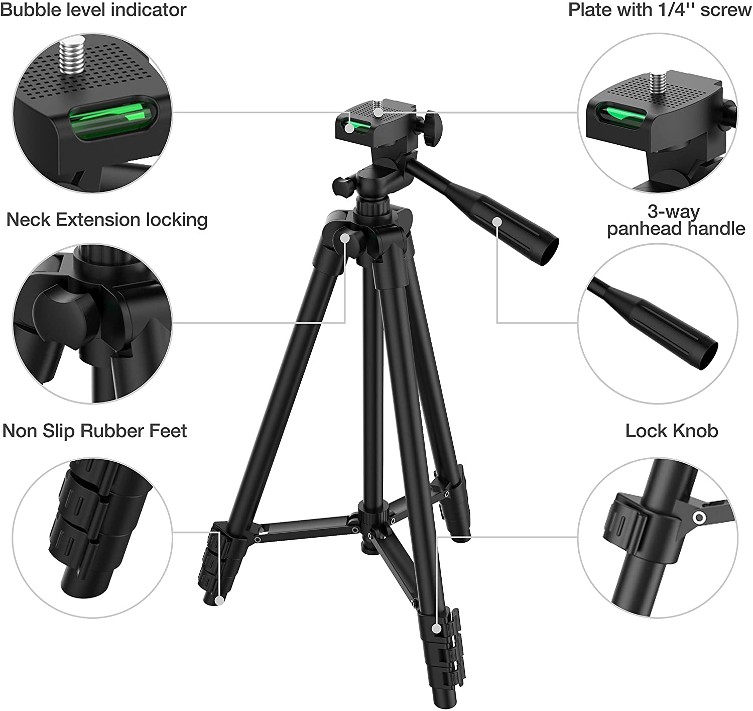 Lightweight Phone Tripod 50-inch/127 cm for Camera with Phone Holder & remote control Gopro, Travel Tripod with Carry Bag