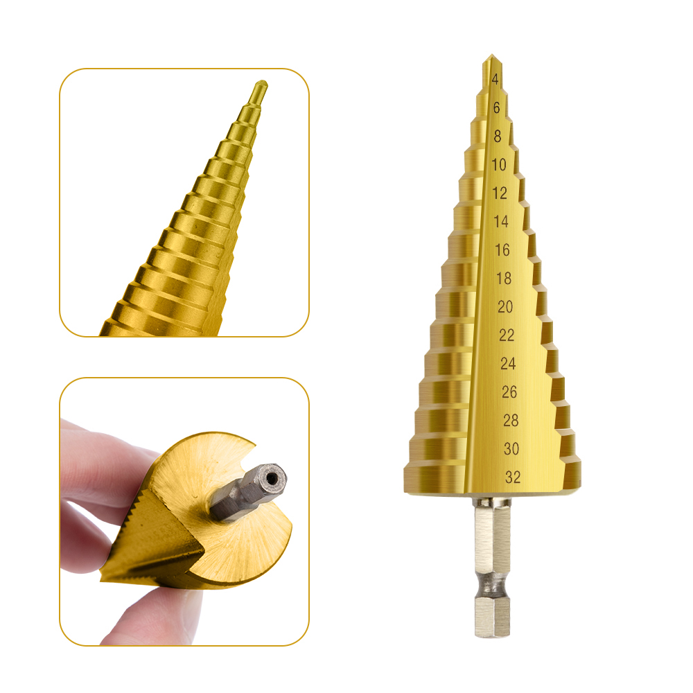 3pc Hss Titanium Coated Drill Bits Step Drill Bits Cone Metal Hole Cutter 4-12/20/32mm Hex Tapered Metal Drill Bits With Bag