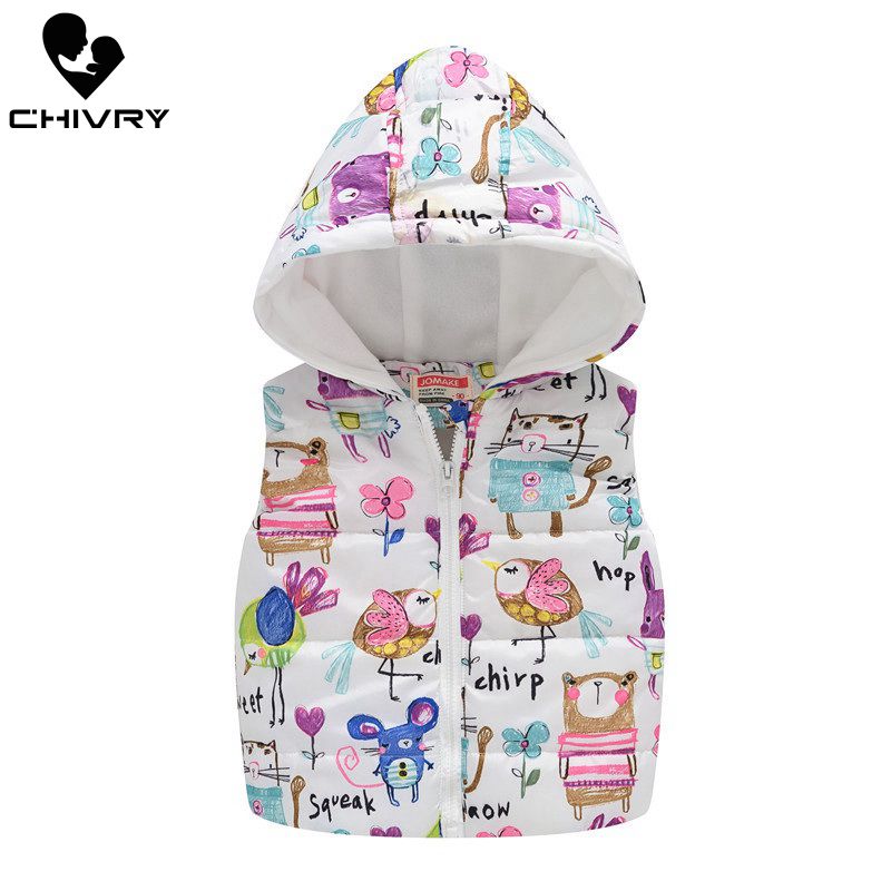 2019 Autumn Winter New Boys Girls Sleeveless Hooded Wool Vest Jacket Cartoon Print Coat Kids Warm Cashmere Vest Outwear Clothes