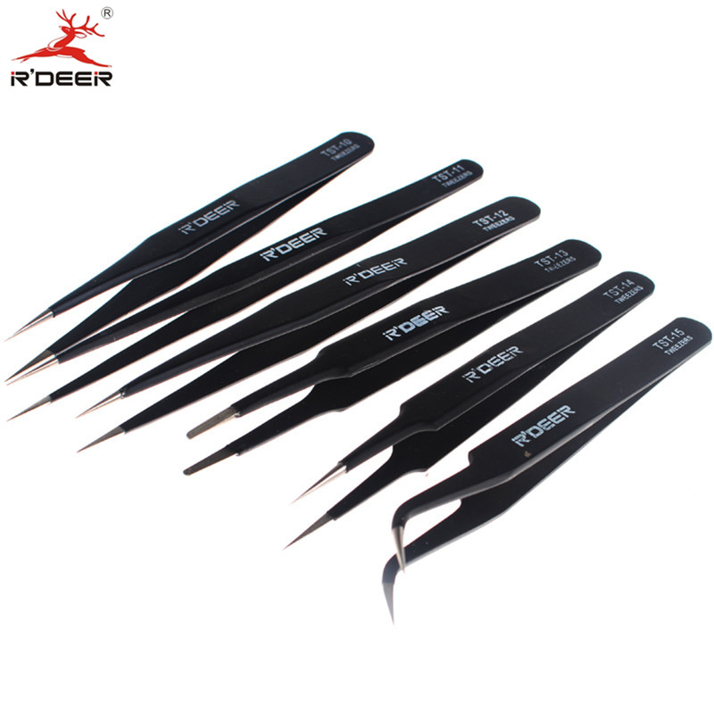 RDEER 5" Electronics Tweezer Forceps Stainless Steel Anti-Static Curved Straight Tool Pincers Pincette Hand Tool Set 6pcs