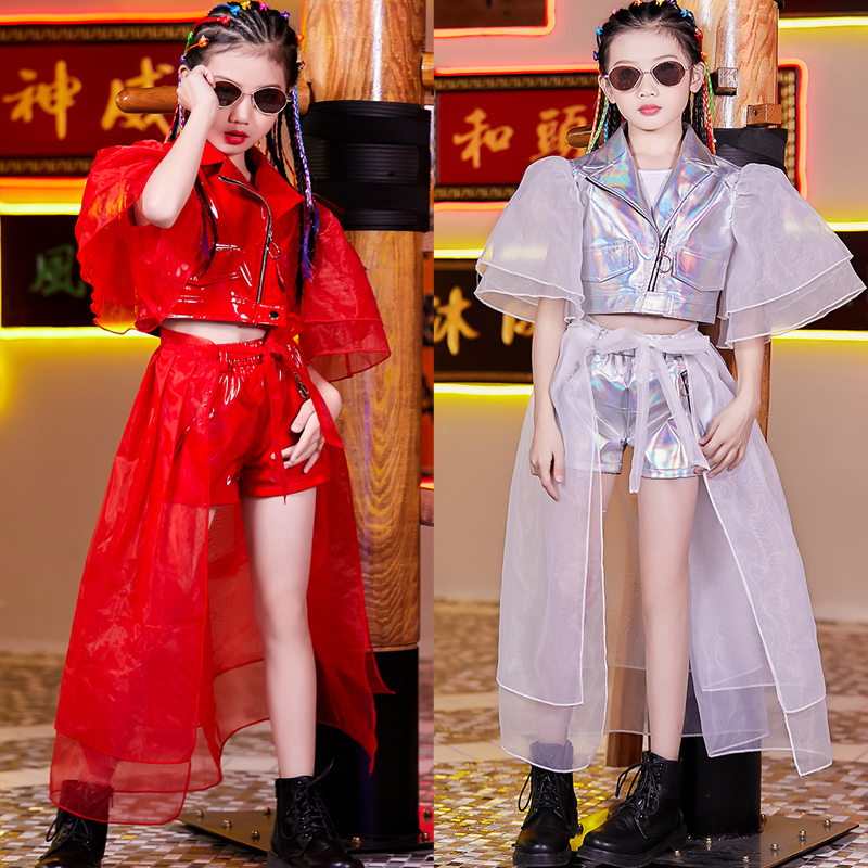 Kids Jazz Dance Costume Girls Silver Stage Performance Clothes Puff Sleeves Street Hip Hop Dancing Outfit Rave Party Wear Bl2995