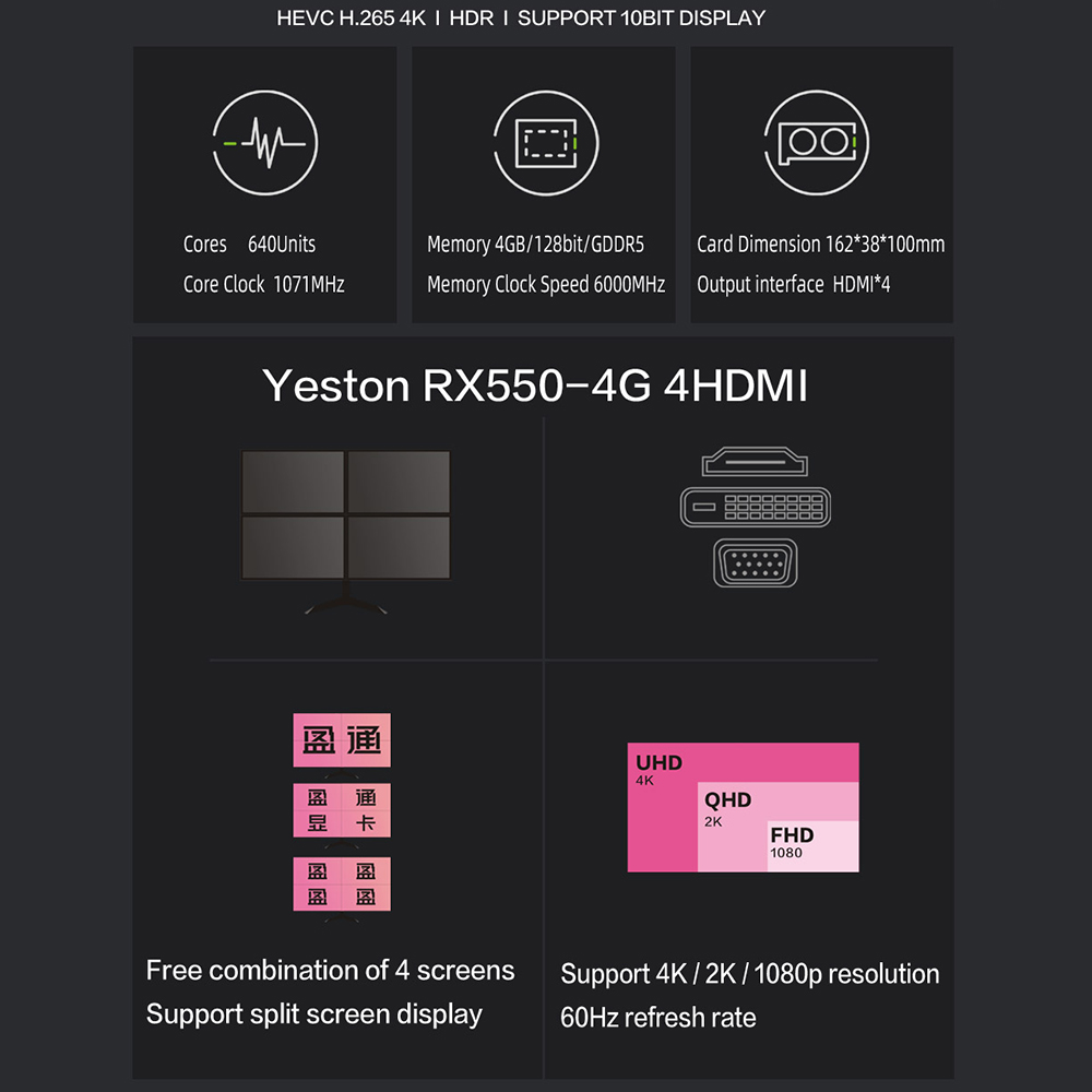Yeston Radeon RX 550 GPU 4GB GDDR5 128bit Gaming Desktop computer PC Video Graphics Cards HDMI-compatible X4 use simultaneously