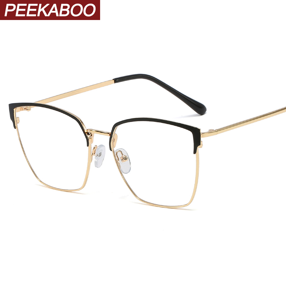 Peekaboo women big glasses metal frame semi rimless clear lens gold ladies eyeglasses prescription pink red fashion accessories