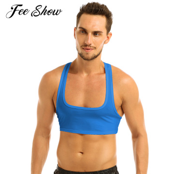 Fashion Sexy Mens Sleeveless Y Back Muscle Half Tank Top Vest Tee Clubwear Stage Costume Slim Fit Short Crop Tops Sport Clubwear