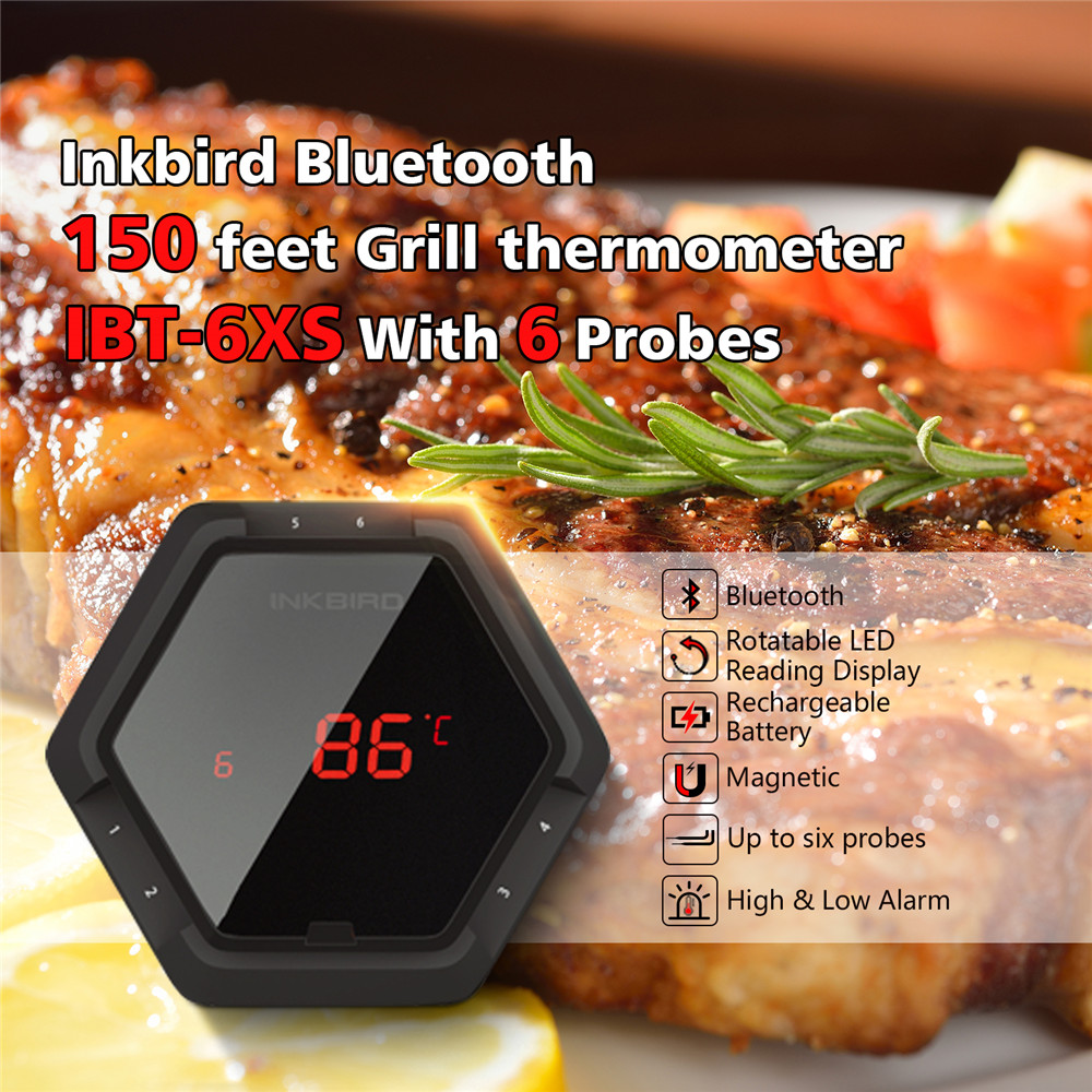 Inkbird IBT-6XS Food Cooking Bluetooth Wireless BBQ Thermometer Oven Digital Thermometer Timer 6Probe & USB Rechargable Battery