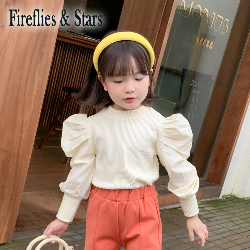 Spring Autumn girls sweater baby knitwear kids knitted tops children fashion clothes streetwear ins puff sleeve patch 1 to 8 yrs