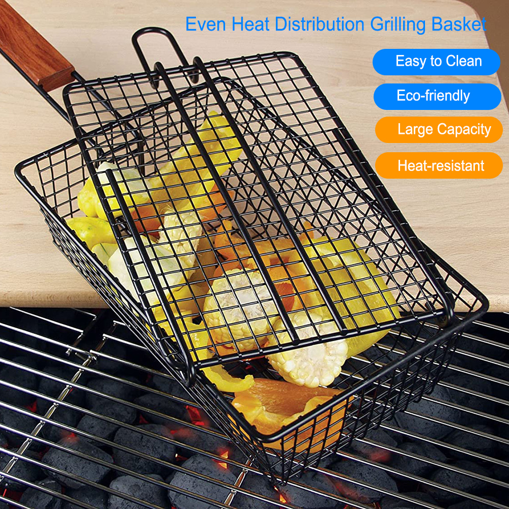 Non-stick Grill Basket with Lid Metal Barbecue Basket with Foldable Removeable Wooden Handle BBQ Tool for Fish Vegetable Steak