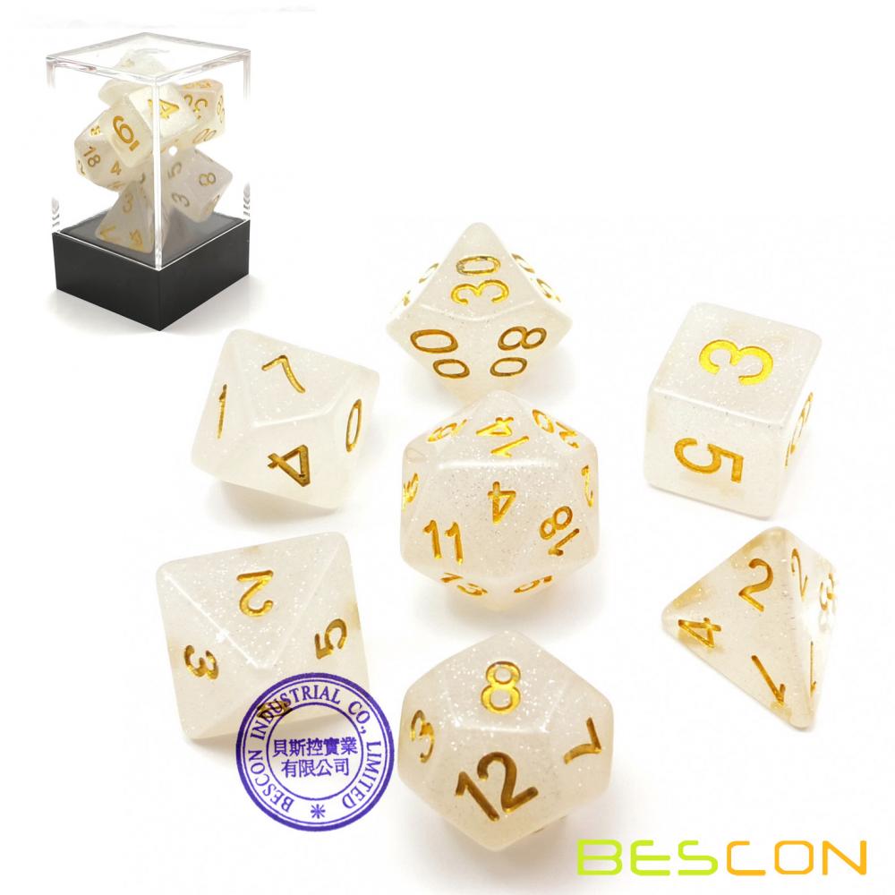 Bescon Intensive Glitter DND Dice 7pcs Set VEIL MIST, New Glitter Polyhedral Die set d4 d6 d8 d10 d12 d20 d%, Brick Box Package
