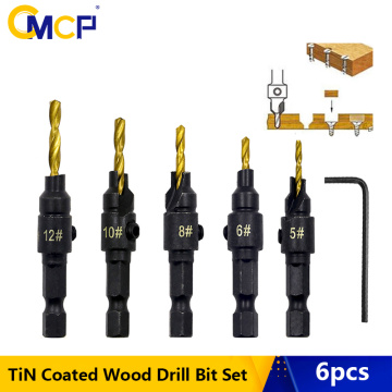 CMCP 5pcs Countersink Drill Bit TiN Coated Wood Drill Bit Set For Screw Size #5 #6 #8 #10 #12 With a Wrench Woodworking Tools