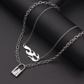 Hip-hop Double Layer Flame Harajuku Lock Pendant Necklace Cool Rock Punk Jewelry For Man Women Street Style Nightclub Accessory