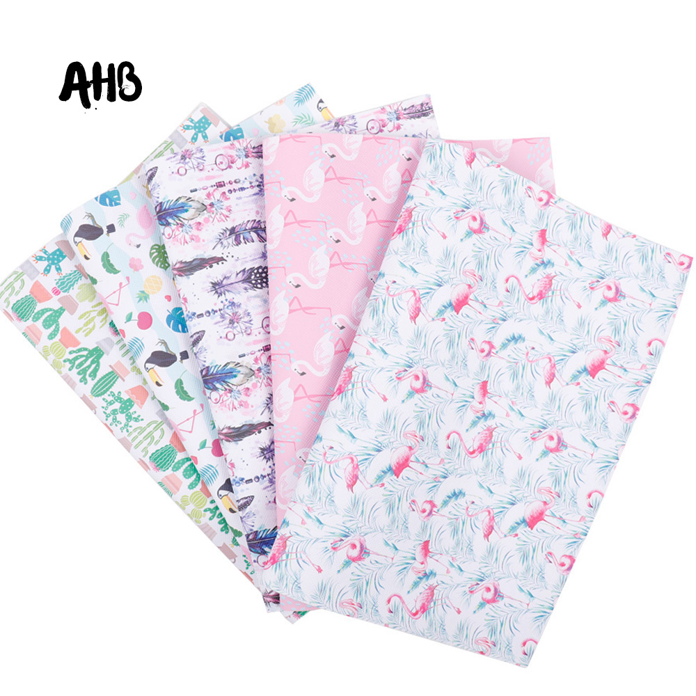 AHB Synthetic Leather Fabric Flamingo Cactus Printed Pu Faux Fabric For DIY Summer Bow Sheet Handmade Crafts Decoration 22*30cm