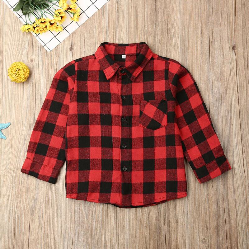 Christmas Toddler Baby Girl Boy Shirts Top Clothes Plaid Print Long Sleeve Single Breasted Top Shirt Coat Jacket Outwear