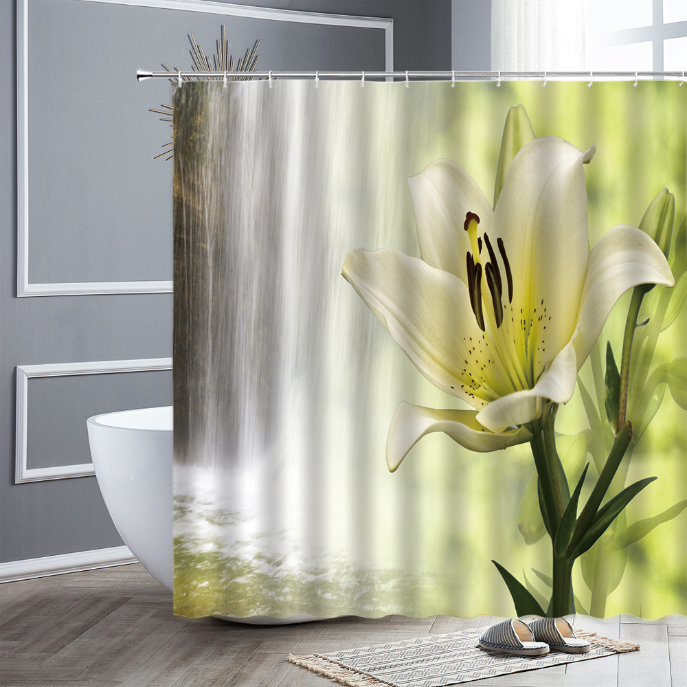 Waterproof Shower Curtains Lily White Purple Yellow Flowers Natural Scenery Bathroom Curtain Hooks Fabric Home Decor Bath Screen