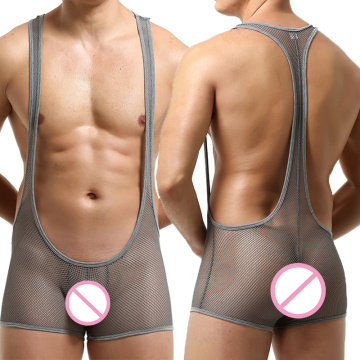 Sexy Mesh Mens Undershirts Shorts Lingerie Transparent Jumpsuits Leotard Fitness Wrestling Singlet Bodysuits One-piece Underwear