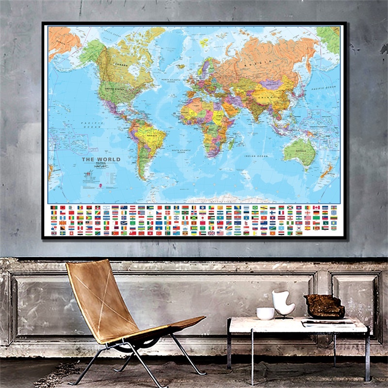 World Map with National Flags 150x100cm The World Political Physical Map Foldable Map for Culture Travel Office School Supplies