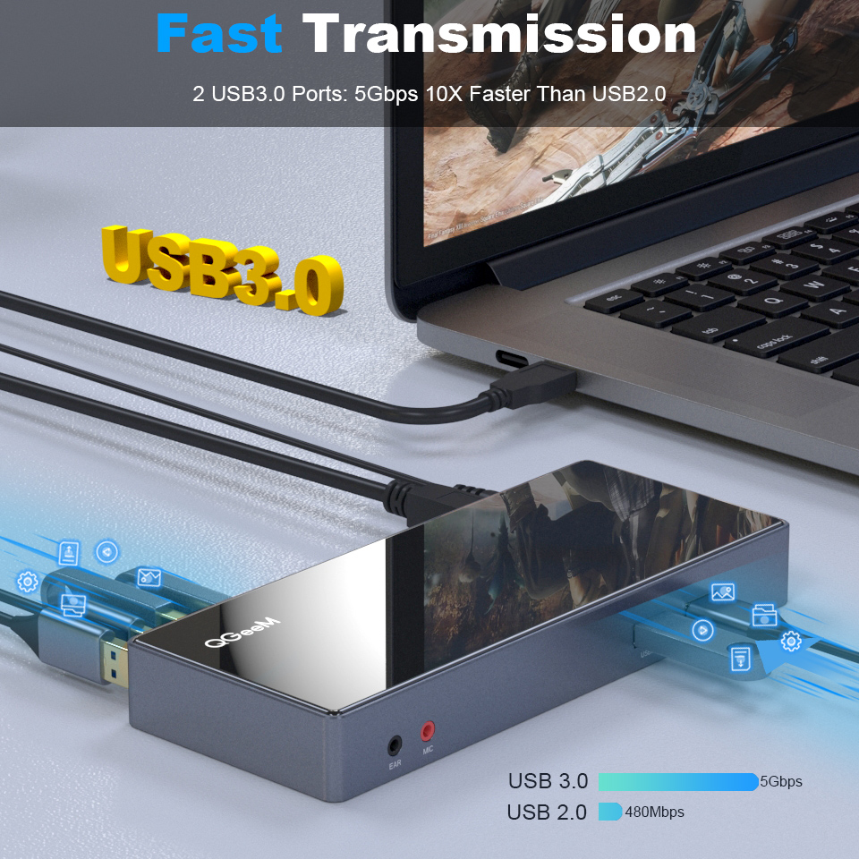 QGeeM Docking Station USB C Hub for Macbook Pro Air Xiaomi Notebook Tablets Type C Hub HDMI VGA DVI RJ45 Aux USB Hub 3.0 Adapter