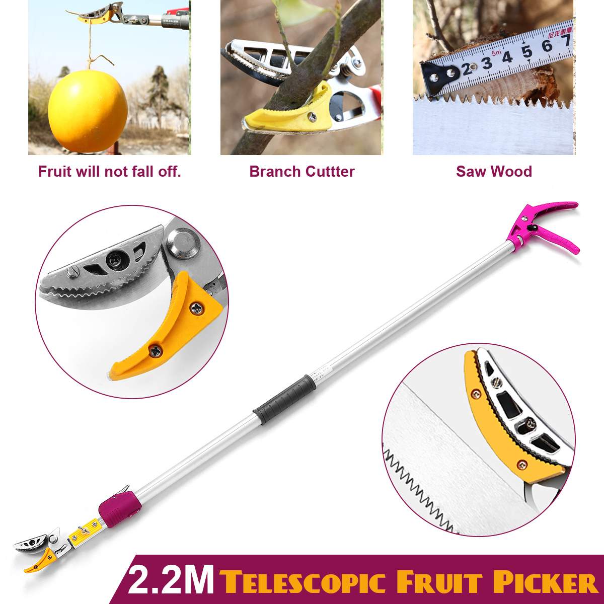2.2m Extra Long Reach Pruner Cut and Hold Bypass Pruner Max Cutting Fruit Picker and Tree Cutter For Garden