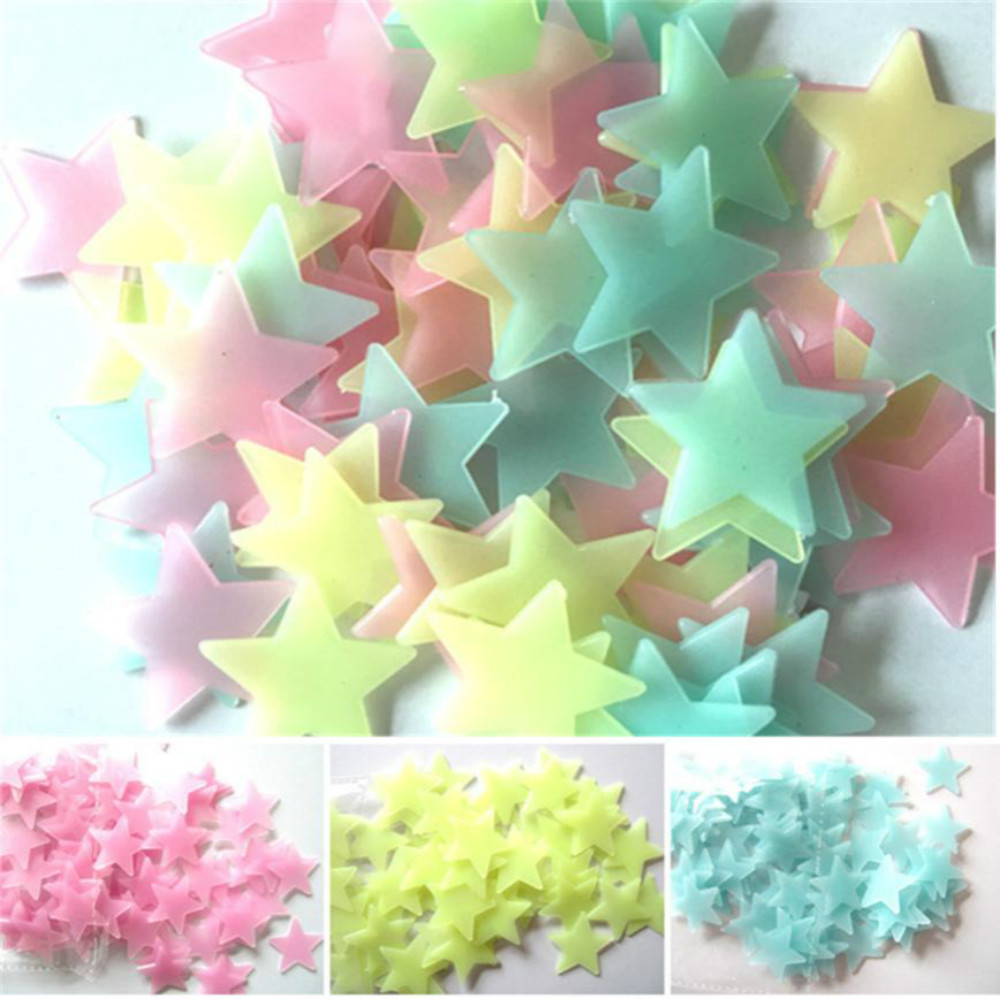 3D Home Decor Kids Bedroom Fluorescent Glow In The Dark Stars Glow Wall Stickers Stars and Moon Luminous Glow Sticker Color