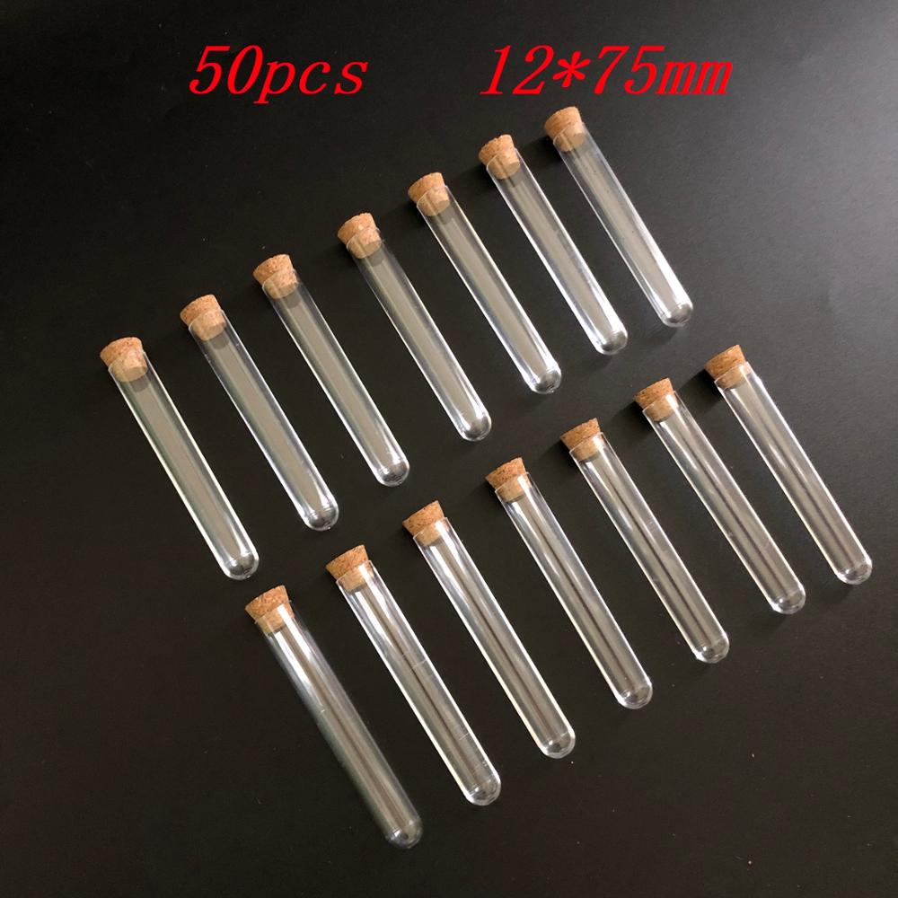 (50pieces/pack) 12*75mm Laboratory Clear plastic test tubes round bottom tube vial with cork