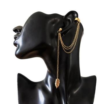 Vintage Earring Women Silver Gold Leaf Ear Cuff Earrings with Long Chain Jewelry Simple Leaf Tassel Ear Crawler Climber Stud