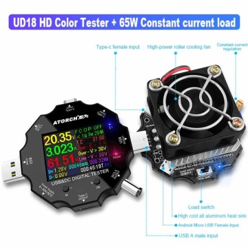 DC5.5 USB tester DC digital voltmeter power bank charger voltage current ammeter detector QC/PD3.0 meter 18 in 1 + 65W load