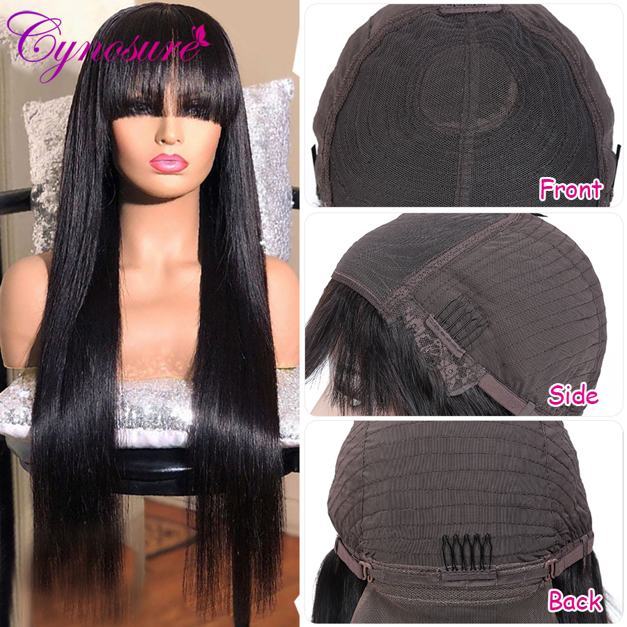 Cynosure Peruvian Straight Human Hair Wigs With Bangs For Black Women 150% Density Machine Made None Lace Front Human Hair Wigs