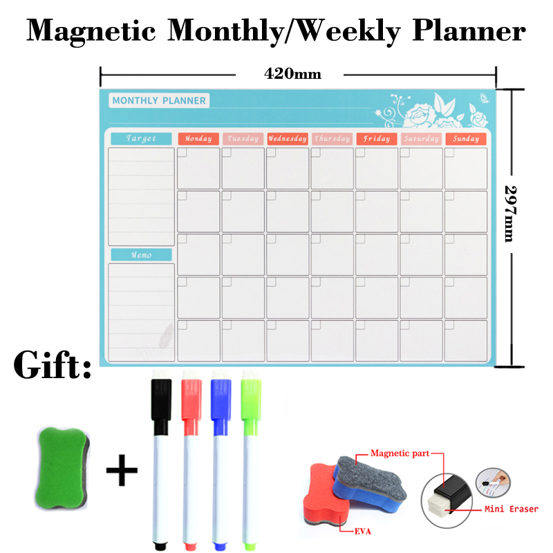 Magnetic Weekly Monthly Planner Table Dry Erase Whiteboard Fridge Sticker Bulletin Board 297MM*420MM Size Gift 4 Pen 1 Eraser