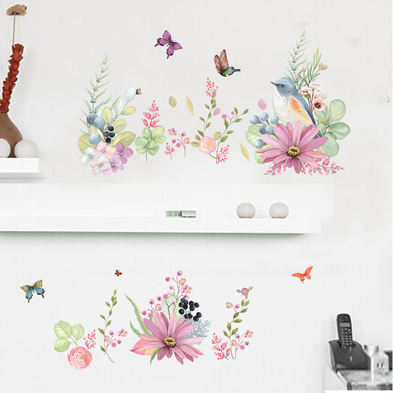 Removable Colorful Flowers Bird Wall Stickers Romantic Bedroom Decoration Living Room Door Sticker Decorative Home Accessories